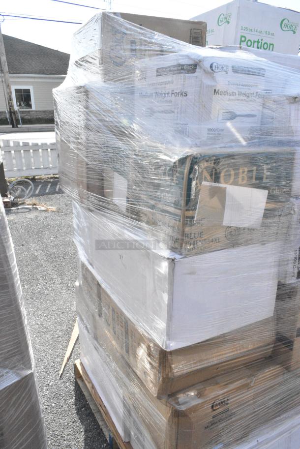 30 BRAND NEW! Boxes Including 127PL400 Choice PET Plastic Lid for 3.25 to 5.5 oz. Souffle Cup / Portion Cup - 2500/Case, 433SLINERBL Baker's Lane 16" x 24" Full Size Silicone Coated Parchment Paper Bun / Sheet Pan Liner Sheet - 1000/Case, 130TONG9HDBK Visions 9" Individually Wrapped Extra Heavy-Duty Black Disposable Polypropylene Tongs - 24/Case, 129MCR32B Choice 32 oz. Black Round Microwavable Heavy Weight Container with Lid 7 1/4" - 150/Case, 4 Box 105GC70002 Choice 2 Part Green and White Carbonless Guest Check Book - 50/Case, 5002TPJ Lavex 2-Ply 1000' Universal Jumbo Toilet Paper Roll with 8 1/2" Diameter - 12/Case, 129MCR32B Choice 32 oz. Black Round Microwavable Heavy Weight Container with Lid 7 1/4" - 150/Case, 394345L Noble NexGen Powder-Free Disposable Black Hybrid 3 Mil Thick Gloves - Large - 1000/Case, 347RP10WHSLV Visions 10" White Plastic Plate with Silver Lattice Design - 120/Case. 30 Times Your Bid! - Image 4 of 20