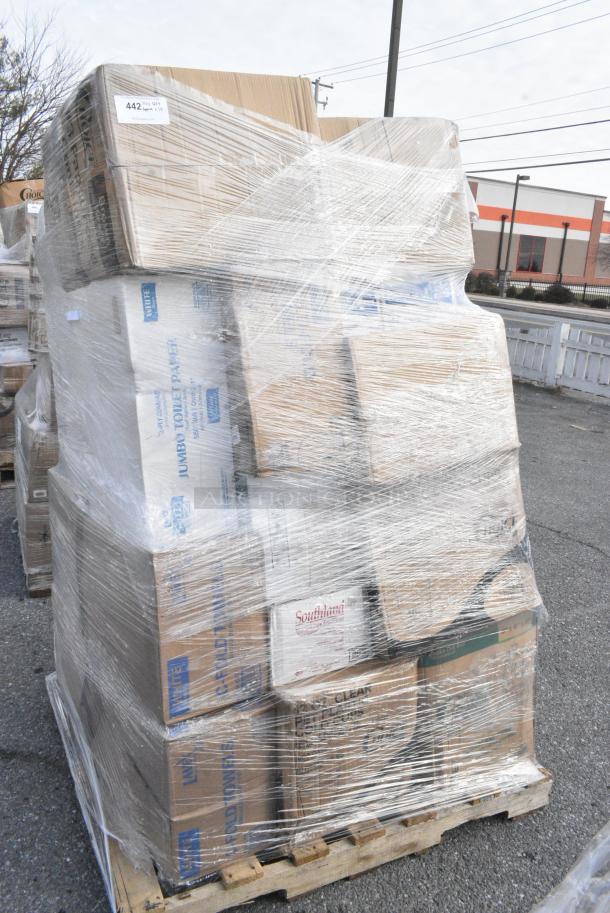 24 BRAND NEW! Boxes Including 2 Box 966TALLFLDB Choice White Tall-Fold 6" x 13" Dispenser Napkin - 8000/Case, 795PTOKFT3 Choice Kraft Microwavable Folded Paper #3 Take-Out Container 7 3/4" x 5 1/2" x 2 1/2" - 200/Case, 612P509S Choice 9" Clear Round Plastic Dome Lid - 500/Case, 130WBKFORKH Choice Black Heavy Weight Wrapped Polystyrene Plastic Fork - 1000/Case, 395TO993 EcoChoice 9" x 9" x 3" Compostable Sugarcane / Bagasse 3 Compartment Takeout Container - 200/Case, 612P509S Choice 9" Clear Round Plastic Dome Lid - 500/Case. 24 Times Your Bid! - Image 1 of 18