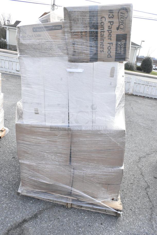 24 BRAND NEW! Boxes Including 2 Box 966TALLFLDB Choice White Tall-Fold 6" x 13" Dispenser Napkin - 8000/Case, 795PTOKFT3 Choice Kraft Microwavable Folded Paper #3 Take-Out Container 7 3/4" x 5 1/2" x 2 1/2" - 200/Case, 612P509S Choice 9" Clear Round Plastic Dome Lid - 500/Case, 130WBKFORKH Choice Black Heavy Weight Wrapped Polystyrene Plastic Fork - 1000/Case, 395TO993 EcoChoice 9" x 9" x 3" Compostable Sugarcane / Bagasse 3 Compartment Takeout Container - 200/Case, 612P509S Choice 9" Clear Round Plastic Dome Lid - 500/Case. 24 Times Your Bid! - Image 2 of 18