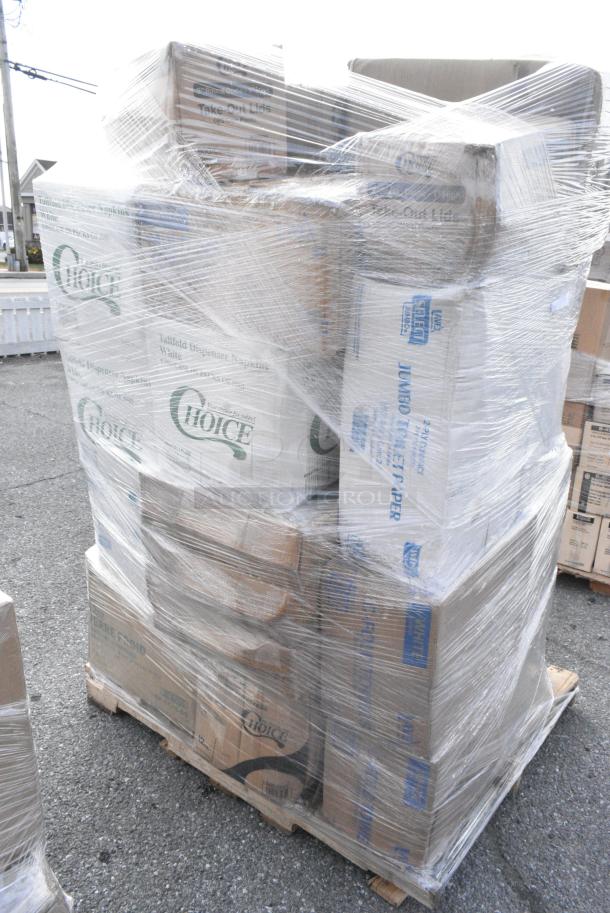 24 BRAND NEW! Boxes Including 2 Box 966TALLFLDB Choice White Tall-Fold 6" x 13" Dispenser Napkin - 8000/Case, 795PTOKFT3 Choice Kraft Microwavable Folded Paper #3 Take-Out Container 7 3/4" x 5 1/2" x 2 1/2" - 200/Case, 612P509S Choice 9" Clear Round Plastic Dome Lid - 500/Case, 130WBKFORKH Choice Black Heavy Weight Wrapped Polystyrene Plastic Fork - 1000/Case, 395TO993 EcoChoice 9" x 9" x 3" Compostable Sugarcane / Bagasse 3 Compartment Takeout Container - 200/Case, 612P509S Choice 9" Clear Round Plastic Dome Lid - 500/Case. 24 Times Your Bid! - Image 3 of 18