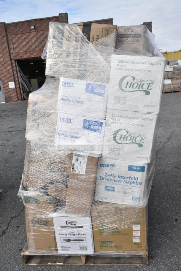 24 BRAND NEW! Boxes Including 2 Box 966TALLFLDB Choice White Tall-Fold 6" x 13" Dispenser Napkin - 8000/Case, 795PTOKFT3 Choice Kraft Microwavable Folded Paper #3 Take-Out Container 7 3/4" x 5 1/2" x 2 1/2" - 200/Case, 612P509S Choice 9" Clear Round Plastic Dome Lid - 500/Case, 130WBKFORKH Choice Black Heavy Weight Wrapped Polystyrene Plastic Fork - 1000/Case, 395TO993 EcoChoice 9" x 9" x 3" Compostable Sugarcane / Bagasse 3 Compartment Takeout Container - 200/Case, 612P509S Choice 9" Clear Round Plastic Dome Lid - 500/Case. 24 Times Your Bid! - Image 4 of 18