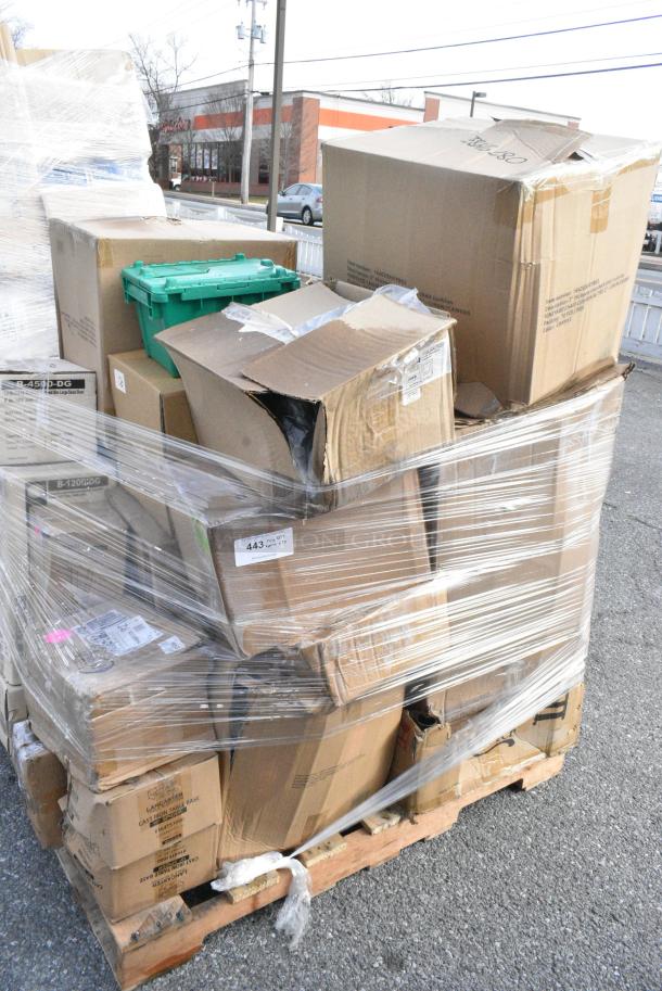 20 BRAND NEW! Boxes Including 3 Box B-4500-DG GET Enterprises B-4500-DG Riverstone 28 oz. Dark Gray Irregular Round Matte Melamine Serving Bowl - 12/Pack, 4 Box B-1200-DG GET Enterprises B-1200-DG Riverstone 8 oz. Dark Gray Irregular Round Matte Melamine Bowl - 24/Case, 109CARTBLGBK Choice Black Utility / Bussing Cart with Three Shelves - 42" x 20", 164CUSHVYBG2 Lancaster Table &amp; Seating Vineyard Series 2" Chardonnay Tan Chair and Bar Stool Cushion with Ties, 2 Box 453307 Carlisle 453307 Clear 13 oz. Tulip Berry Dish - 24/Case, 2 Box 164TS1000 Lancaster Table & Seating 10" Cast Iron Table Base Spider. 20 Times Your Bid! - Image 1 of 15