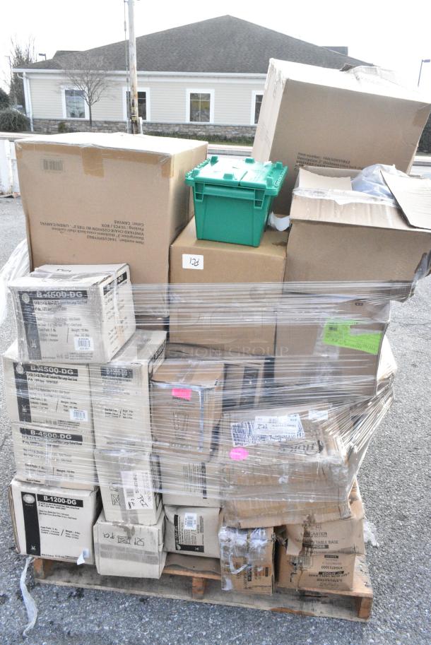 20 BRAND NEW! Boxes Including 3 Box B-4500-DG GET Enterprises B-4500-DG Riverstone 28 oz. Dark Gray Irregular Round Matte Melamine Serving Bowl - 12/Pack, 4 Box B-1200-DG GET Enterprises B-1200-DG Riverstone 8 oz. Dark Gray Irregular Round Matte Melamine Bowl - 24/Case, 109CARTBLGBK Choice Black Utility / Bussing Cart with Three Shelves - 42" x 20", 164CUSHVYBG2 Lancaster Table &amp; Seating Vineyard Series 2" Chardonnay Tan Chair and Bar Stool Cushion with Ties, 2 Box 453307 Carlisle 453307 Clear 13 oz. Tulip Berry Dish - 24/Case, 2 Box 164TS1000 Lancaster Table & Seating 10" Cast Iron Table Base Spider. 20 Times Your Bid! - Image 2 of 15