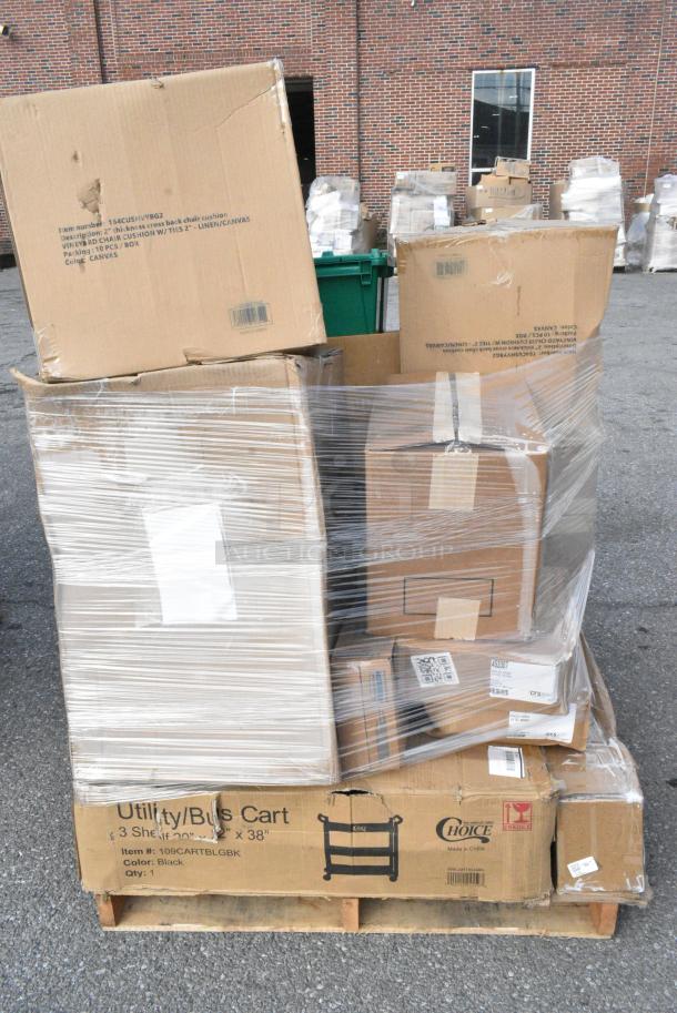 20 BRAND NEW! Boxes Including 3 Box B-4500-DG GET Enterprises B-4500-DG Riverstone 28 oz. Dark Gray Irregular Round Matte Melamine Serving Bowl - 12/Pack, 4 Box B-1200-DG GET Enterprises B-1200-DG Riverstone 8 oz. Dark Gray Irregular Round Matte Melamine Bowl - 24/Case, 109CARTBLGBK Choice Black Utility / Bussing Cart with Three Shelves - 42" x 20", 164CUSHVYBG2 Lancaster Table &amp; Seating Vineyard Series 2" Chardonnay Tan Chair and Bar Stool Cushion with Ties, 2 Box 453307 Carlisle 453307 Clear 13 oz. Tulip Berry Dish - 24/Case, 2 Box 164TS1000 Lancaster Table & Seating 10" Cast Iron Table Base Spider. 20 Times Your Bid! - Image 4 of 15