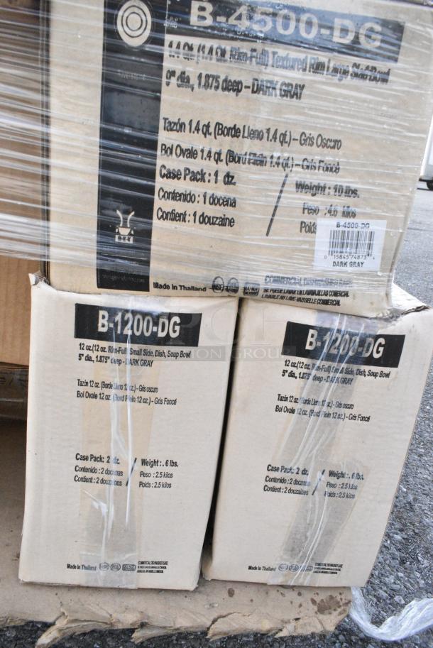 20 BRAND NEW! Boxes Including 3 Box B-4500-DG GET Enterprises B-4500-DG Riverstone 28 oz. Dark Gray Irregular Round Matte Melamine Serving Bowl - 12/Pack, 4 Box B-1200-DG GET Enterprises B-1200-DG Riverstone 8 oz. Dark Gray Irregular Round Matte Melamine Bowl - 24/Case, 109CARTBLGBK Choice Black Utility / Bussing Cart with Three Shelves - 42" x 20", 164CUSHVYBG2 Lancaster Table &amp; Seating Vineyard Series 2" Chardonnay Tan Chair and Bar Stool Cushion with Ties, 2 Box 453307 Carlisle 453307 Clear 13 oz. Tulip Berry Dish - 24/Case, 2 Box 164TS1000 Lancaster Table & Seating 10" Cast Iron Table Base Spider. 20 Times Your Bid! - Image 11 of 15