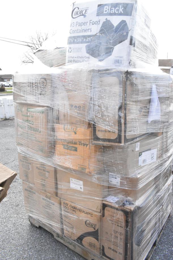 30 BRAND NEW! Boxes Including 485UPJ10WH EcoChoice 10" White Jumbo Unwrapped Paper Straw - 4800/Case, 105SP46 Choice 4" x 6" 1 Part White Scratch Pad - 100/Case, 50224338CL Lavex 15 Gallon 8 Micron 24" x 33" High Density Janitorial Can Liner / Trash Bag - 1000/Case, 186CVB812C Choice 8" x 12" Chamber Vacuum Packaging Pouches / Bags 3 Mil - 1000/Case, 500CC9 Choice 9 oz. Clear PET Customizable Plastic Squat Cold Cup - 1000/Case, 485UPJ10WH EcoChoice 10" White Jumbo Unwrapped Paper Straw - 4800/Case, 128HD12COMBO Choice Heavy Duty 12 oz. Microwavable Translucent Plastic Deli Container and Lid Combo Pack - 240/Case, 129MCS28B Choice 28 oz. Black Rectangular Microwavable Heavy Weight Container with Lid 8 3/4" x 6 1/4" x 1 3/4" - 150/Case. 30 Times Your Bid! - Image 3 of 18