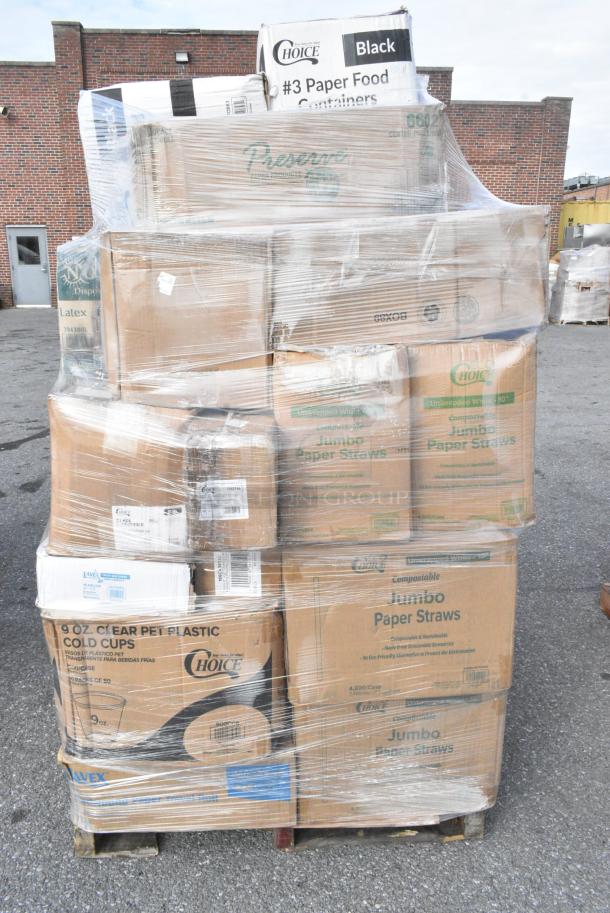 30 BRAND NEW! Boxes Including 485UPJ10WH EcoChoice 10" White Jumbo Unwrapped Paper Straw - 4800/Case, 105SP46 Choice 4" x 6" 1 Part White Scratch Pad - 100/Case, 50224338CL Lavex 15 Gallon 8 Micron 24" x 33" High Density Janitorial Can Liner / Trash Bag - 1000/Case, 186CVB812C Choice 8" x 12" Chamber Vacuum Packaging Pouches / Bags 3 Mil - 1000/Case, 500CC9 Choice 9 oz. Clear PET Customizable Plastic Squat Cold Cup - 1000/Case, 485UPJ10WH EcoChoice 10" White Jumbo Unwrapped Paper Straw - 4800/Case, 128HD12COMBO Choice Heavy Duty 12 oz. Microwavable Translucent Plastic Deli Container and Lid Combo Pack - 240/Case, 129MCS28B Choice 28 oz. Black Rectangular Microwavable Heavy Weight Container with Lid 8 3/4" x 6 1/4" x 1 3/4" - 150/Case. 30 Times Your Bid! - Image 4 of 18