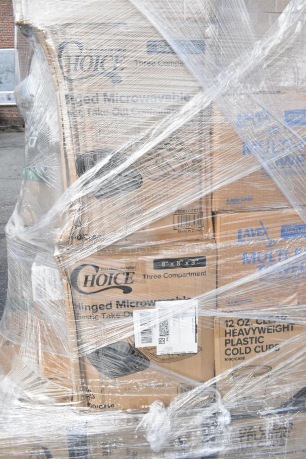 30 BRAND NEW! Boxes Including 500TO883C3 Choice 8" x 8" x 3" Microwaveable 3-Compartment Black / Clear Plastic Hinged Container - 100/Case, 500MFTN Lavex Natural Brown Kraft M-Fold (Multifold) Towel - 4000/Case, 500CC12HD 12 oz. Plastic Cold Cup - 1000/Case, 500CC16 Choice Clear PET Customizable Plastic Cold Cup - 16 oz. - 1000/Case, 4 Box 129MCS28B Choice 28 oz. Black Rectangular Microwavable Heavy Weight Container with Lid 8 3/4" x 6 1/4" x 1 3/4" - 150/Case, 4 Box 347RP9CL Visions 9" Clear Plastic Plate - 240/Case, 500CC24LEM Carnival King 24 oz. PET Lemonade Cup - 600/Case. 30 Times Your Bid! - Image 6 of 16