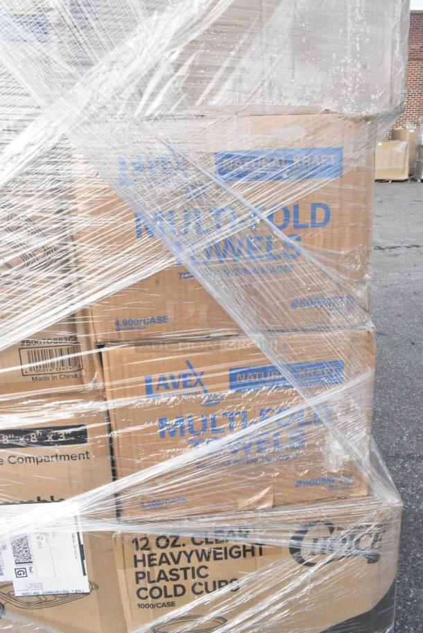 30 BRAND NEW! Boxes Including 500TO883C3 Choice 8" x 8" x 3" Microwaveable 3-Compartment Black / Clear Plastic Hinged Container - 100/Case, 500MFTN Lavex Natural Brown Kraft M-Fold (Multifold) Towel - 4000/Case, 500CC12HD 12 oz. Plastic Cold Cup - 1000/Case, 500CC16 Choice Clear PET Customizable Plastic Cold Cup - 16 oz. - 1000/Case, 4 Box 129MCS28B Choice 28 oz. Black Rectangular Microwavable Heavy Weight Container with Lid 8 3/4" x 6 1/4" x 1 3/4" - 150/Case, 4 Box 347RP9CL Visions 9" Clear Plastic Plate - 240/Case, 500CC24LEM Carnival King 24 oz. PET Lemonade Cup - 600/Case. 30 Times Your Bid! - Image 8 of 16