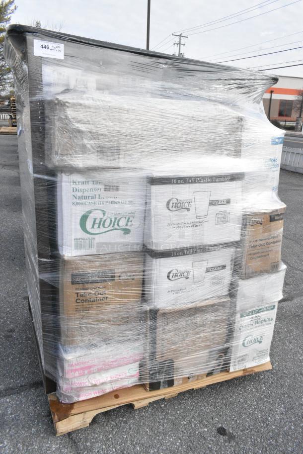 28 BRAND NEW! Boxes Including 760PIC08 Choice 8 oz. Clear Plastic Dessert Cup - 1000/Case, 5002DNAP Choice 15" x 17" Black Customizable 2-Ply Paper Dinner Napkin - 1000/Case, 2 Box 79516ESKFT Emperor's Select 16 oz. Kraft Microwavable Paper Take-Out Container - 450/Case, 5001N6001 Choice 10" x 12" White 1/4 Fold Luncheon Napkin - 6000/Case, 612W45 Choice 10 3/4" x 14" Insulated Foil Sandwich Wrap Sheets - 2000/Case, 394385L Noble Products White Powder-Free Disposable Latex Gloves for Foodservice - Large - 1000/Case, 79516ESKFT Emperor's Select 16 oz. Kraft Microwavable Paper Take-Out Container - 450/Case, 347TCL16 Choice 16 oz. Clear Disposable Plastic Tumbler - 500/Case. 28 Times Your Bid! - Image 1 of 23