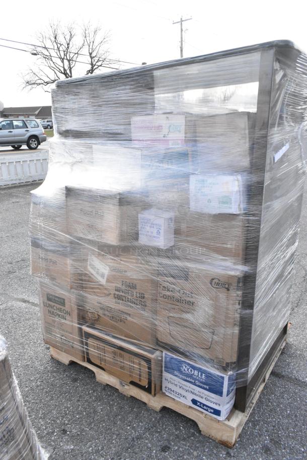 28 BRAND NEW! Boxes Including 760PIC08 Choice 8 oz. Clear Plastic Dessert Cup - 1000/Case, 5002DNAP Choice 15" x 17" Black Customizable 2-Ply Paper Dinner Napkin - 1000/Case, 2 Box 79516ESKFT Emperor's Select 16 oz. Kraft Microwavable Paper Take-Out Container - 450/Case, 5001N6001 Choice 10" x 12" White 1/4 Fold Luncheon Napkin - 6000/Case, 612W45 Choice 10 3/4" x 14" Insulated Foil Sandwich Wrap Sheets - 2000/Case, 394385L Noble Products White Powder-Free Disposable Latex Gloves for Foodservice - Large - 1000/Case, 79516ESKFT Emperor's Select 16 oz. Kraft Microwavable Paper Take-Out Container - 450/Case, 347TCL16 Choice 16 oz. Clear Disposable Plastic Tumbler - 500/Case. 28 Times Your Bid! - Image 3 of 23