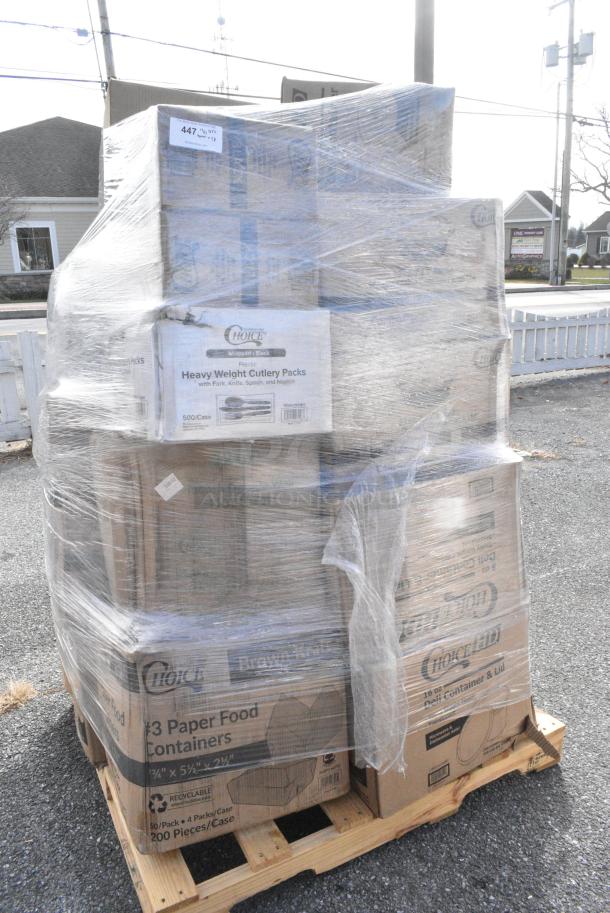 28 BRAND NEW! Boxes Including 3 Box 500CC9 Choice 9 oz. Clear PET Customizable Plastic Squat Cold Cup - 1000/Case, 500COLLARBR EcoChoice Kraft Coffee Cup Sleeve / Jacket / Clutch - 10-24 oz. - 1200/Case, 129MCR32B Choice 32 oz. Black Round Microwavable Heavy Weight Container with Lid 7 1/4" - 150/Case, 128HD8COMBO Choice Heavy Duty 8 oz. Microwavable Translucent Plastic Deli Container and Lid Combo Pack - 240/Case, 795PTOKFT1 Choice Kraft Microwavable Folded Paper #1 Take-Out Container 4 3/8" x 3 1/2" x 2 1/2" - 450/Case, 795PTOKFT3 Choice Kraft Microwavable Folded Paper #3 Take-Out Container 7 3/4" x 5 1/2" x 2 1/2" - 200/Case. 28 Times Your Bid! - Image 1 of 15