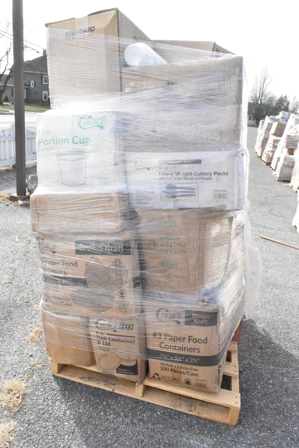 28 BRAND NEW! Boxes Including 3 Box 500CC9 Choice 9 oz. Clear PET Customizable Plastic Squat Cold Cup - 1000/Case, 500COLLARBR EcoChoice Kraft Coffee Cup Sleeve / Jacket / Clutch - 10-24 oz. - 1200/Case, 129MCR32B Choice 32 oz. Black Round Microwavable Heavy Weight Container with Lid 7 1/4" - 150/Case, 128HD8COMBO Choice Heavy Duty 8 oz. Microwavable Translucent Plastic Deli Container and Lid Combo Pack - 240/Case, 795PTOKFT1 Choice Kraft Microwavable Folded Paper #1 Take-Out Container 4 3/8" x 3 1/2" x 2 1/2" - 450/Case, 795PTOKFT3 Choice Kraft Microwavable Folded Paper #3 Take-Out Container 7 3/4" x 5 1/2" x 2 1/2" - 200/Case. 28 Times Your Bid! - Image 2 of 15