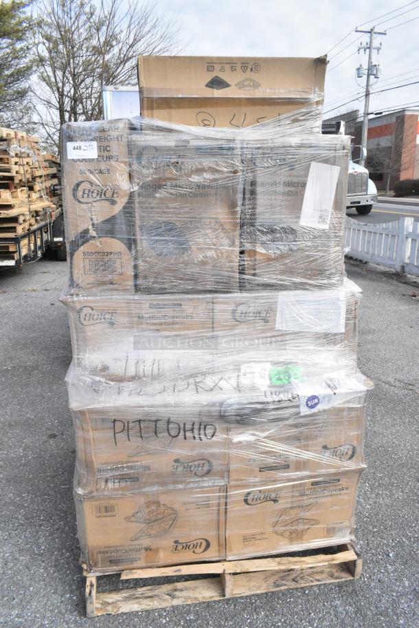 22 BRAND NEW! Boxes Including 760VP130 Carnival King Kraft 130 oz. Popcorn Bucket - 150/Case, 2 Box 433HSLCPIE Choice 5" Clear Hinged Slice Container with High Dome Lid - 300/Case, 43312CUPC Choice 12-Cup Hinged PET Plastic Cupcake / Muffin Container - 100/Case, 500TO993C3 Choice 9" x 9" x 3" Microwaveable 3-Compartment Black / Clear Plastic Hinged Container - 100/Case, 500CC32PHD Choice Heavy Duty 32 oz. Pedestal Heavy Weight Clear PET Plastic Cold Cup - 500/Case, 347RPBD6WHSV PLATE 6" WH/SLV BAND 150 SILVER VISIONS. 22 Times Your Bid! - Image 1 of 18