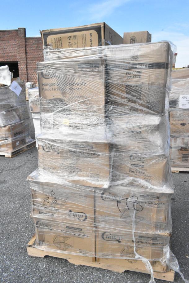 22 BRAND NEW! Boxes Including 760VP130 Carnival King Kraft 130 oz. Popcorn Bucket - 150/Case, 2 Box 433HSLCPIE Choice 5" Clear Hinged Slice Container with High Dome Lid - 300/Case, 43312CUPC Choice 12-Cup Hinged PET Plastic Cupcake / Muffin Container - 100/Case, 500TO993C3 Choice 9" x 9" x 3" Microwaveable 3-Compartment Black / Clear Plastic Hinged Container - 100/Case, 500CC32PHD Choice Heavy Duty 32 oz. Pedestal Heavy Weight Clear PET Plastic Cold Cup - 500/Case, 347RPBD6WHSV PLATE 6" WH/SLV BAND 150 SILVER VISIONS. 22 Times Your Bid! - Image 5 of 18