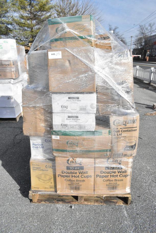 25 BRAND NEW! Boxes Including 500TO993 Choice 9" x 9" x 3" Microwavable 1-Compartment Black / Clear Plastic Hinged Container - 100/Case, 128HD8COMBO Choice Heavy Duty 8 oz. Microwavable Translucent Plastic Deli Container and Lid Combo Pack - 240/Case, 50010DWALLC Choice 10 oz. Coffee Break Print Smooth Double Wall Paper Hot Cup - 500/Case, 347BB12WH Choice 12 oz. White Plastic Bowl - 1000/Case, 500TO993 Choice 9" x 9" x 3" Microwavable 1-Compartment Black / Clear Plastic Hinged Container - 100/Case, 245CB10PLN Choice 10" x 10" x 2" Kraft Customizable Corrugated Plain Pizza Box - 50/Case, 395TO961 EcoChoice 9" x 6" x 3" Compostable No PFAS Added Bamboo / Bagasse 1 Compartment Take-Out Container - 200/Case, 2 Box 347RSG150 Choice Clear Plastic Shot Glass 1.5 oz. - 1000/Case, 2 Box 50010DWALLC Choice 10 oz. Coffee Break Print Smooth Double Wall Paper Hot Cup - 500/Case, 127PL100 Choice PET Plastic Lid for 0.5 to 1.25 oz. Souffle Cup / Portion Cup - 2500/Case, 50012RIPKRPE Choice 12 oz. Double Wall Ripple Kraft Paper Hot Cup - 500/Case. 25 Times Your Bid! - Image 1 of 19