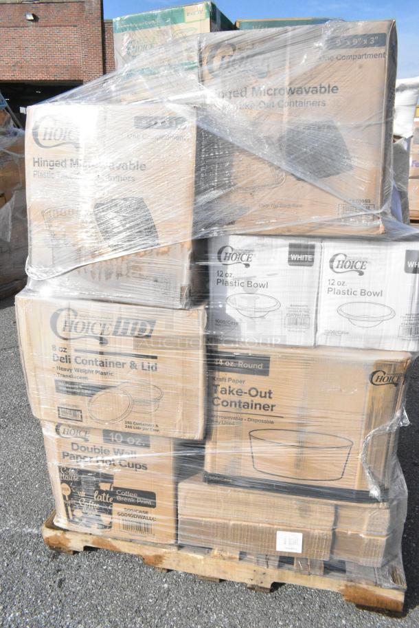 25 BRAND NEW! Boxes Including 500TO993 Choice 9" x 9" x 3" Microwavable 1-Compartment Black / Clear Plastic Hinged Container - 100/Case, 128HD8COMBO Choice Heavy Duty 8 oz. Microwavable Translucent Plastic Deli Container and Lid Combo Pack - 240/Case, 50010DWALLC Choice 10 oz. Coffee Break Print Smooth Double Wall Paper Hot Cup - 500/Case, 347BB12WH Choice 12 oz. White Plastic Bowl - 1000/Case, 500TO993 Choice 9" x 9" x 3" Microwavable 1-Compartment Black / Clear Plastic Hinged Container - 100/Case, 245CB10PLN Choice 10" x 10" x 2" Kraft Customizable Corrugated Plain Pizza Box - 50/Case, 395TO961 EcoChoice 9" x 6" x 3" Compostable No PFAS Added Bamboo / Bagasse 1 Compartment Take-Out Container - 200/Case, 2 Box 347RSG150 Choice Clear Plastic Shot Glass 1.5 oz. - 1000/Case, 2 Box 50010DWALLC Choice 10 oz. Coffee Break Print Smooth Double Wall Paper Hot Cup - 500/Case, 127PL100 Choice PET Plastic Lid for 0.5 to 1.25 oz. Souffle Cup / Portion Cup - 2500/Case, 50012RIPKRPE Choice 12 oz. Double Wall Ripple Kraft Paper Hot Cup - 500/Case. 25 Times Your Bid! - Image 5 of 19