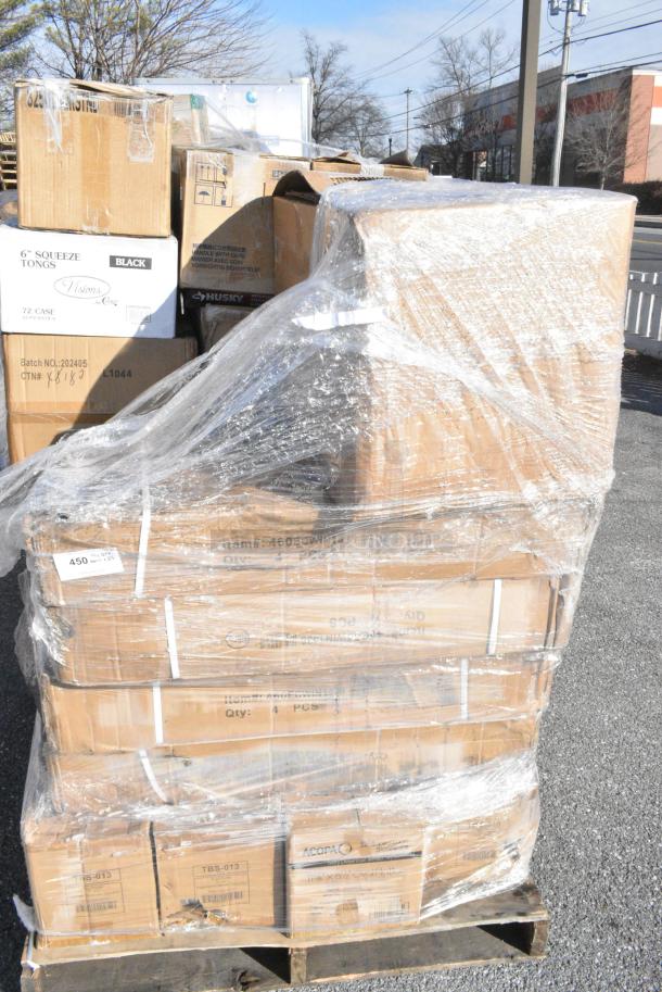35 BRAND NEW! Boxes Including 2 Box 3941084L Lavex Powder-Free Disposable Nitrile Black 5 Mil Thick Textured Gloves - Large - 1000/Case, 109CARTLG2BK Choice Black Utility / Bussing Cart with Two Shelves - 42" x 20", 303TSC13 Acopa 11 5/8" x 8 1/2" Ivory (American White) Scalloped Edge Oval Stoneware Platter - 12/Case, 130TONG6BLK Visions 6" Black Disposable Plastic Tongs - 72/Case, 303COPMBP8 Acopa 9" Matte Black Stoneware Coupe Plate - 24/Case, 303TSC13 Acopa 11 5/8" x 8 1/2" Ivory (American White) Scalloped Edge Oval Stoneware Platter - 12/Case. 35 Times Your Bid! - Image 1 of 20