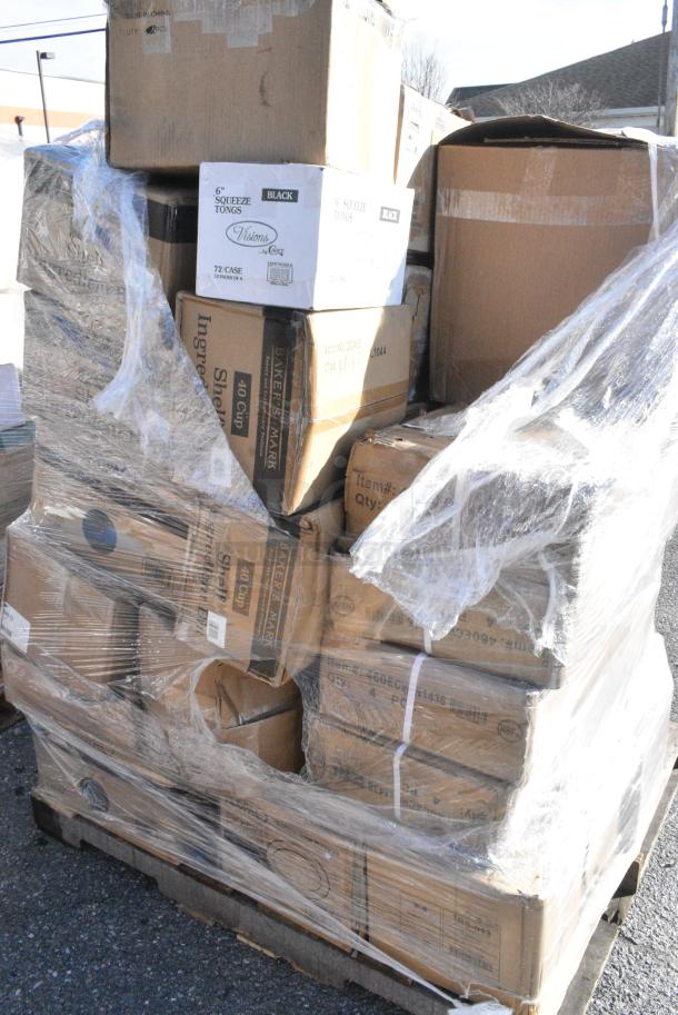 35 BRAND NEW! Boxes Including 2 Box 3941084L Lavex Powder-Free Disposable Nitrile Black 5 Mil Thick Textured Gloves - Large - 1000/Case, 109CARTLG2BK Choice Black Utility / Bussing Cart with Two Shelves - 42" x 20", 303TSC13 Acopa 11 5/8" x 8 1/2" Ivory (American White) Scalloped Edge Oval Stoneware Platter - 12/Case, 130TONG6BLK Visions 6" Black Disposable Plastic Tongs - 72/Case, 303COPMBP8 Acopa 9" Matte Black Stoneware Coupe Plate - 24/Case, 303TSC13 Acopa 11 5/8" x 8 1/2" Ivory (American White) Scalloped Edge Oval Stoneware Platter - 12/Case. 35 Times Your Bid! - Image 2 of 20