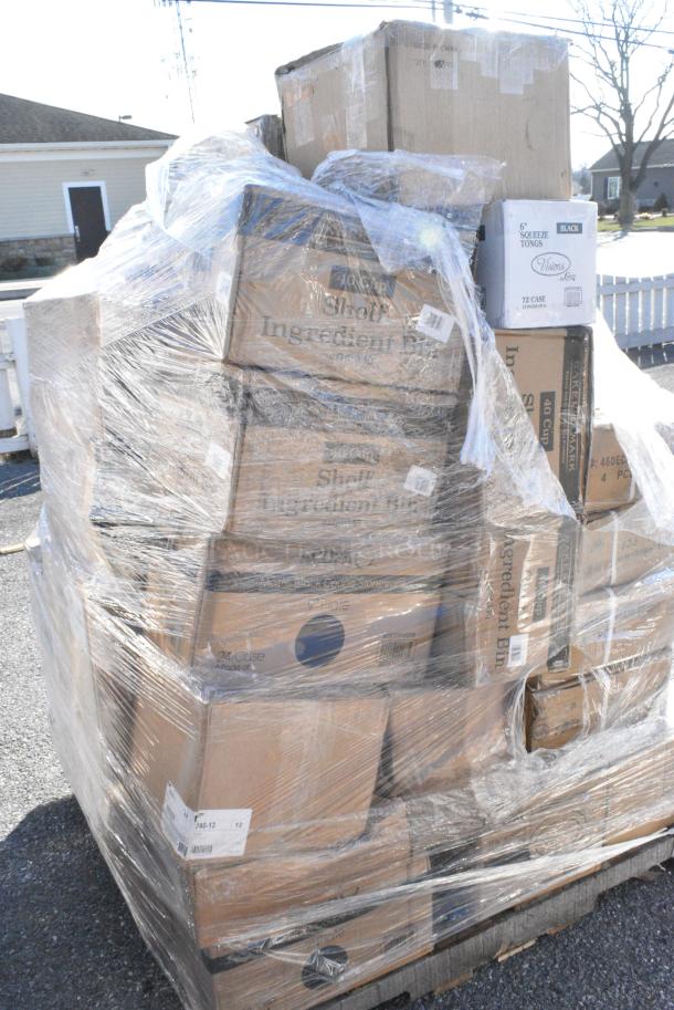 35 BRAND NEW! Boxes Including 2 Box 3941084L Lavex Powder-Free Disposable Nitrile Black 5 Mil Thick Textured Gloves - Large - 1000/Case, 109CARTLG2BK Choice Black Utility / Bussing Cart with Two Shelves - 42" x 20", 303TSC13 Acopa 11 5/8" x 8 1/2" Ivory (American White) Scalloped Edge Oval Stoneware Platter - 12/Case, 130TONG6BLK Visions 6" Black Disposable Plastic Tongs - 72/Case, 303COPMBP8 Acopa 9" Matte Black Stoneware Coupe Plate - 24/Case, 303TSC13 Acopa 11 5/8" x 8 1/2" Ivory (American White) Scalloped Edge Oval Stoneware Platter - 12/Case. 35 Times Your Bid! - Image 3 of 20