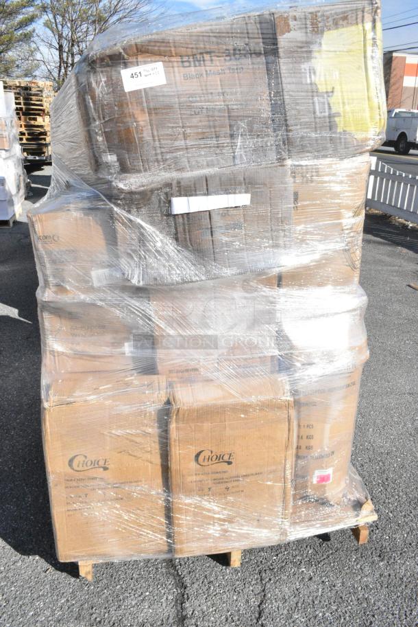 22 BRAND NEW! Boxes Including 190HFC2516S 16"(H) x 25"(W) x 2"(T) Stainless Steel Hood Filter, 176BIN21GL Baker's Lane 21 Gallon / 335 Cup White Slant Top Mobile Ingredient Storage Bin with Sliding Lid &amp; Scoop, 5532PKBK8514BK Acopa Prime 8 1/2" x 14" Black 2-View Vinyl Menu Booklet, 471SAUCHD6QT Choice 6 Qt. Aluminum Sauce Pan, 64928111W Robot Coupe 28111W 5/16" Dicing Kit, 4 Box 825ULSQRSTND Valor 11" x 7" Rectangular Pre-Seasoned Cast Iron Fajita Skillet with 14" x 10" x 4 1/2" Rustic Chestnut Finish Display Stand. 22 Times Your Bid! - Image 1 of 18