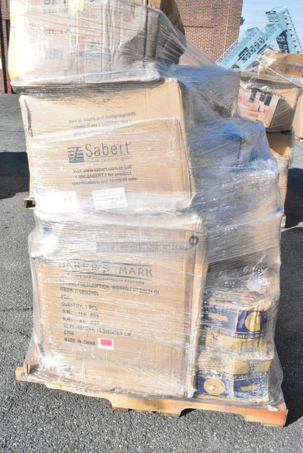 22 BRAND NEW! Boxes Including 190HFC2516S 16"(H) x 25"(W) x 2"(T) Stainless Steel Hood Filter, 176BIN21GL Baker's Lane 21 Gallon / 335 Cup White Slant Top Mobile Ingredient Storage Bin with Sliding Lid &amp; Scoop, 5532PKBK8514BK Acopa Prime 8 1/2" x 14" Black 2-View Vinyl Menu Booklet, 471SAUCHD6QT Choice 6 Qt. Aluminum Sauce Pan, 64928111W Robot Coupe 28111W 5/16" Dicing Kit, 4 Box 825ULSQRSTND Valor 11" x 7" Rectangular Pre-Seasoned Cast Iron Fajita Skillet with 14" x 10" x 4 1/2" Rustic Chestnut Finish Display Stand. 22 Times Your Bid! - Image 5 of 18