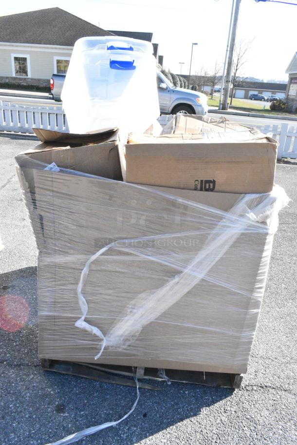 15 BRAND NEW! Boxes Including 2 Clear Bins, 612527L Choice 7" Round Foil-Laminated Board Lid - 500/Case, Shower Caps, 433TRAY300 EcoChoice 9" x 7" Molded Fiber / Pulp Rectangular Tray - 250/Case, 303BWW204 Acopa Ugoki 4 oz. Matte Black Two Compartment Melamine Sauce Dish with Ivory Rim - 12/Pack, RTP16D Cups. 15 Times Your Bid! - Image 2 of 14