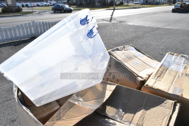 15 BRAND NEW! Boxes Including 2 Clear Bins, 612527L Choice 7" Round Foil-Laminated Board Lid - 500/Case, Shower Caps, 433TRAY300 EcoChoice 9" x 7" Molded Fiber / Pulp Rectangular Tray - 250/Case, 303BWW204 Acopa Ugoki 4 oz. Matte Black Two Compartment Melamine Sauce Dish with Ivory Rim - 12/Pack, RTP16D Cups. 15 Times Your Bid! - Image 3 of 14