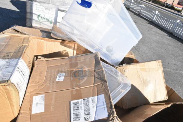 15 BRAND NEW! Boxes Including 2 Clear Bins, 612527L Choice 7" Round Foil-Laminated Board Lid - 500/Case, Shower Caps, 433TRAY300 EcoChoice 9" x 7" Molded Fiber / Pulp Rectangular Tray - 250/Case, 303BWW204 Acopa Ugoki 4 oz. Matte Black Two Compartment Melamine Sauce Dish with Ivory Rim - 12/Pack, RTP16D Cups. 15 Times Your Bid! - Image 4 of 14