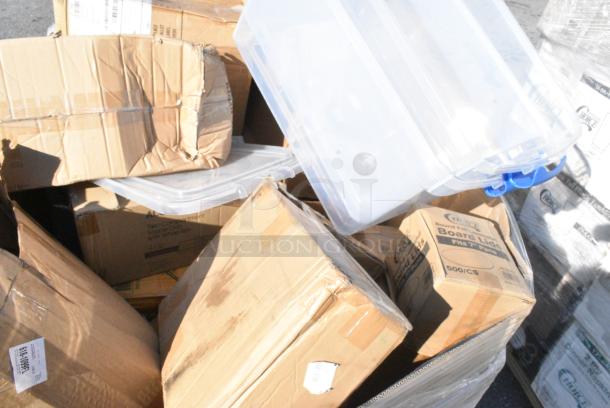 15 BRAND NEW! Boxes Including 2 Clear Bins, 612527L Choice 7" Round Foil-Laminated Board Lid - 500/Case, Shower Caps, 433TRAY300 EcoChoice 9" x 7" Molded Fiber / Pulp Rectangular Tray - 250/Case, 303BWW204 Acopa Ugoki 4 oz. Matte Black Two Compartment Melamine Sauce Dish with Ivory Rim - 12/Pack, RTP16D Cups. 15 Times Your Bid! - Image 5 of 14