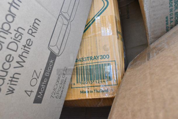 15 BRAND NEW! Boxes Including 2 Clear Bins, 612527L Choice 7" Round Foil-Laminated Board Lid - 500/Case, Shower Caps, 433TRAY300 EcoChoice 9" x 7" Molded Fiber / Pulp Rectangular Tray - 250/Case, 303BWW204 Acopa Ugoki 4 oz. Matte Black Two Compartment Melamine Sauce Dish with Ivory Rim - 12/Pack, RTP16D Cups. 15 Times Your Bid! - Image 9 of 14