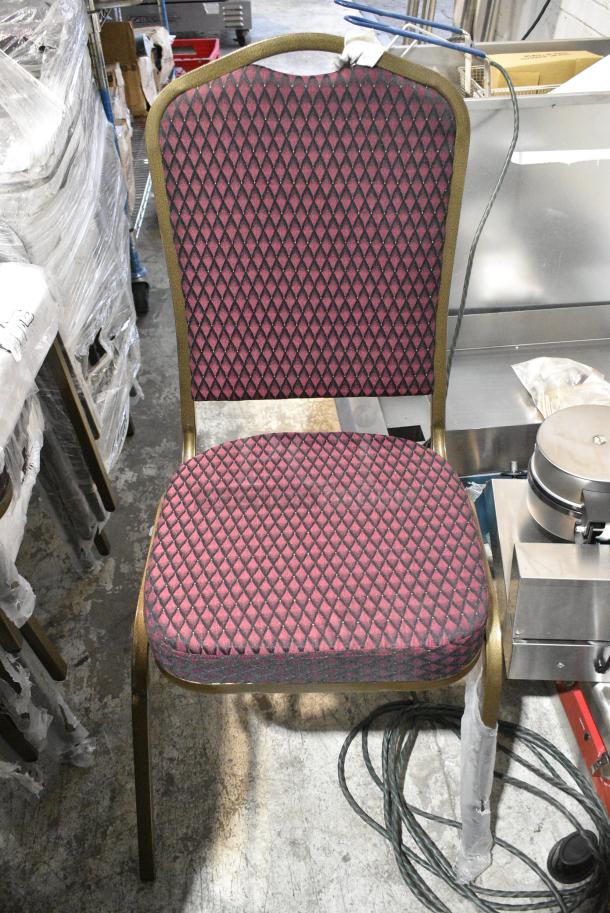 26 BRAND NEW SCRATCH AND DENT! Lancaster Table & Seating 164BNQCRBG Burgundy Pattern Fabric Crown Back Stackable Banquet Chair with Gold Vein Frame. 26 Times Your Bid! - Image 1 of 4