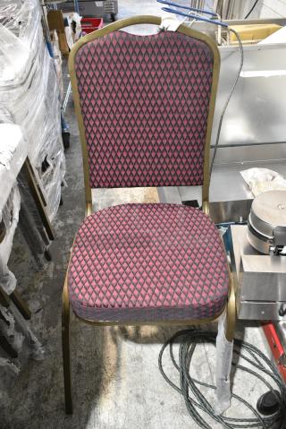 26 BRAND NEW SCRATCH AND DENT! Lancaster Table & Seating 164BNQCRBG Burgundy Pattern Fabric Crown Back Stackable Banquet Chair with Gold Vein Frame. 26 Times Your Bid!
