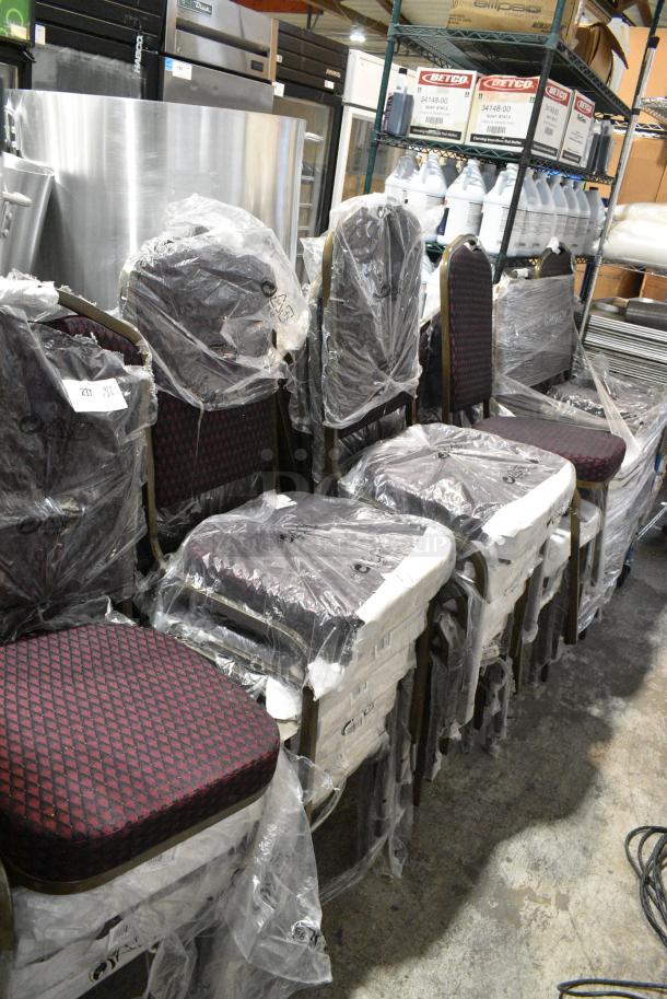 26 BRAND NEW SCRATCH AND DENT! Lancaster Table & Seating 164BNQCRBG Burgundy Pattern Fabric Crown Back Stackable Banquet Chair with Gold Vein Frame. 26 Times Your Bid! - Image 2 of 4