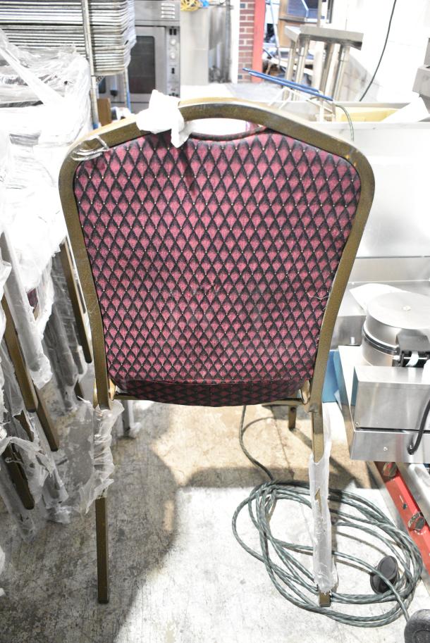 26 BRAND NEW SCRATCH AND DENT! Lancaster Table & Seating 164BNQCRBG Burgundy Pattern Fabric Crown Back Stackable Banquet Chair with Gold Vein Frame. 26 Times Your Bid! - Image 3 of 4