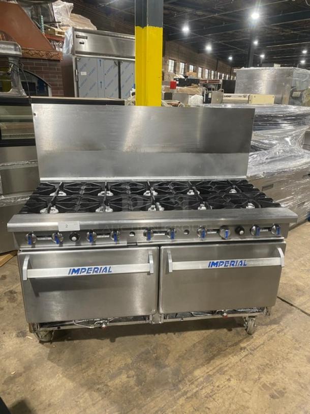 NICE! Imperial Commercial Stainless Steel Natural Gas Powered 10 Burner Range! With Double Fullsize Ovens Underneath! With Back Splash! With Oven Wire Racks! On Casters! - Image 1 of 10