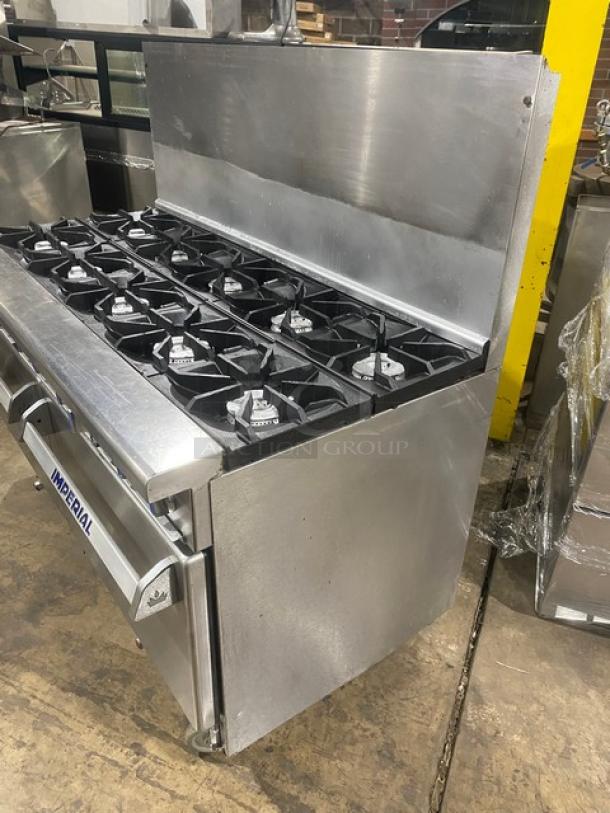 NICE! Imperial Commercial Stainless Steel Natural Gas Powered 10 Burner Range! With Double Fullsize Ovens Underneath! With Back Splash! With Oven Wire Racks! On Casters! - Image 2 of 10