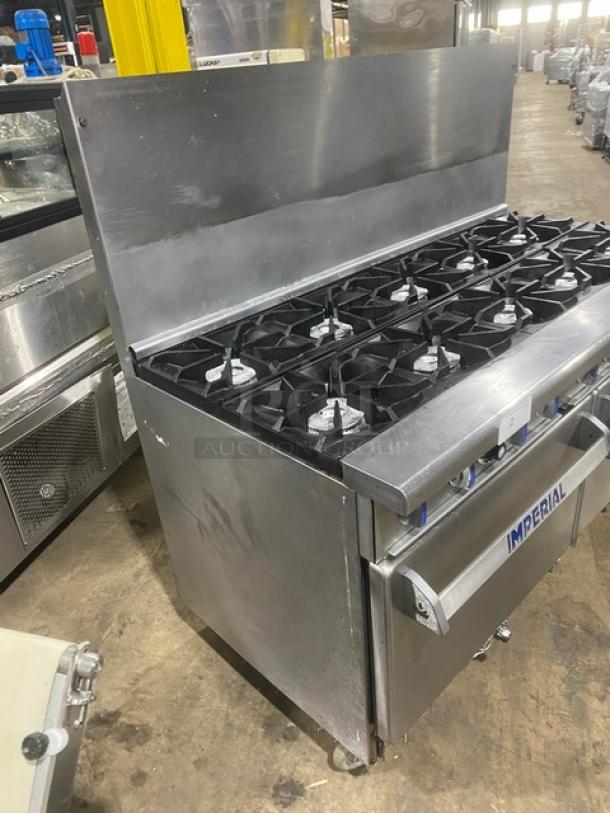 NICE! Imperial Commercial Stainless Steel Natural Gas Powered 10 Burner Range! With Double Fullsize Ovens Underneath! With Back Splash! With Oven Wire Racks! On Casters! - Image 3 of 10