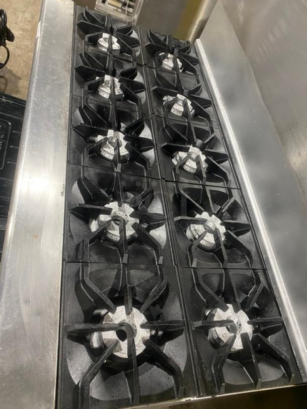 NICE! Imperial Commercial Stainless Steel Natural Gas Powered 10 Burner Range! With Double Fullsize Ovens Underneath! With Back Splash! With Oven Wire Racks! On Casters! - Image 5 of 10