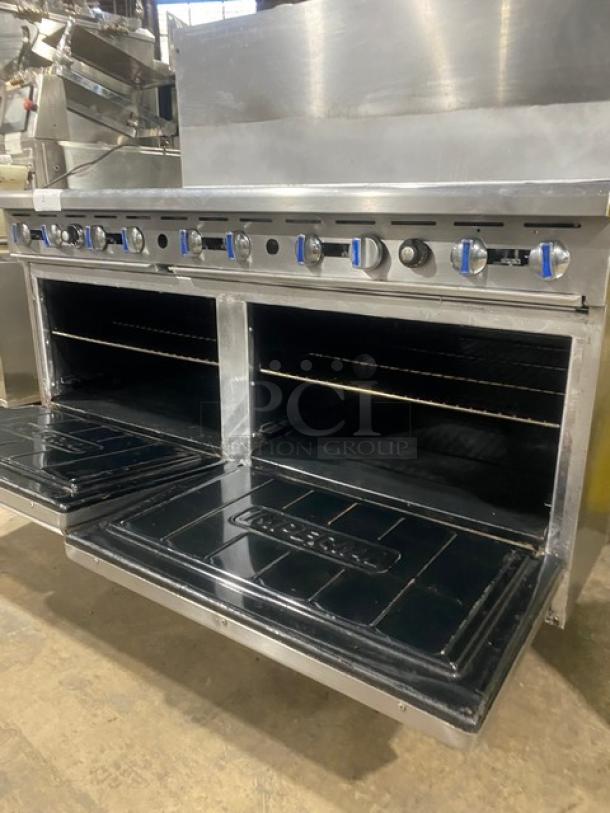 NICE! Imperial Commercial Stainless Steel Natural Gas Powered 10 Burner Range! With Double Fullsize Ovens Underneath! With Back Splash! With Oven Wire Racks! On Casters! - Image 7 of 10