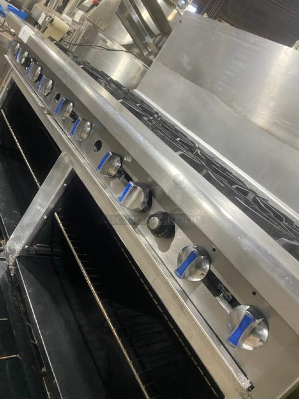 NICE! Imperial Commercial Stainless Steel Natural Gas Powered 10 Burner Range! With Double Fullsize Ovens Underneath! With Back Splash! With Oven Wire Racks! On Casters! - Image 9 of 10