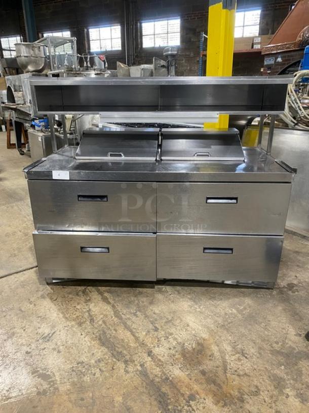 Delfield Commercial Stainless Steel 4 Drawer Refrigerated Mega Top Salad/Sandwich Prep Table! With Enclosed Storage Base Type Shelf & Aluminum Order Rack Overhead! Model: UCD4464N-12-DD5 SN: 1111152001256! 115V 1Phase! - Image 1 of 10