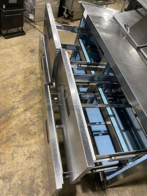 Delfield Commercial Stainless Steel 4 Drawer Refrigerated Mega Top Salad/Sandwich Prep Table! With Enclosed Storage Base Type Shelf & Aluminum Order Rack Overhead! Model: UCD4464N-12-DD5 SN: 1111152001256! 115V 1Phase! - Image 5 of 10
