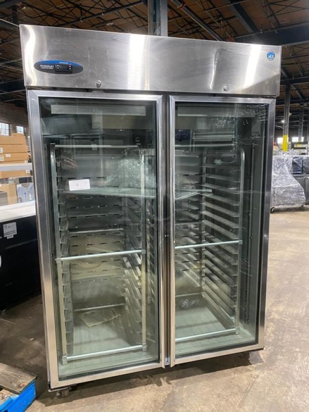 Hoshizaki Energy Star Commercial Stainless Steel Double Glass Door Reach In Refrigerator! With Built In Pan Holding Racks!  Model: CR2B-FGY SN: E50251C! 115V 1 Phase! On Casters! - Image 1 of 11