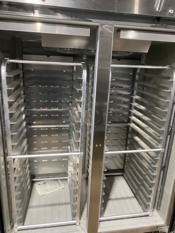 Hoshizaki Energy Star Commercial Stainless Steel Double Glass Door Reach In Refrigerator! With Built In Pan Holding Racks!  Model: CR2B-FGY SN: E50251C! 115V 1 Phase! On Casters! - Image 5 of 11