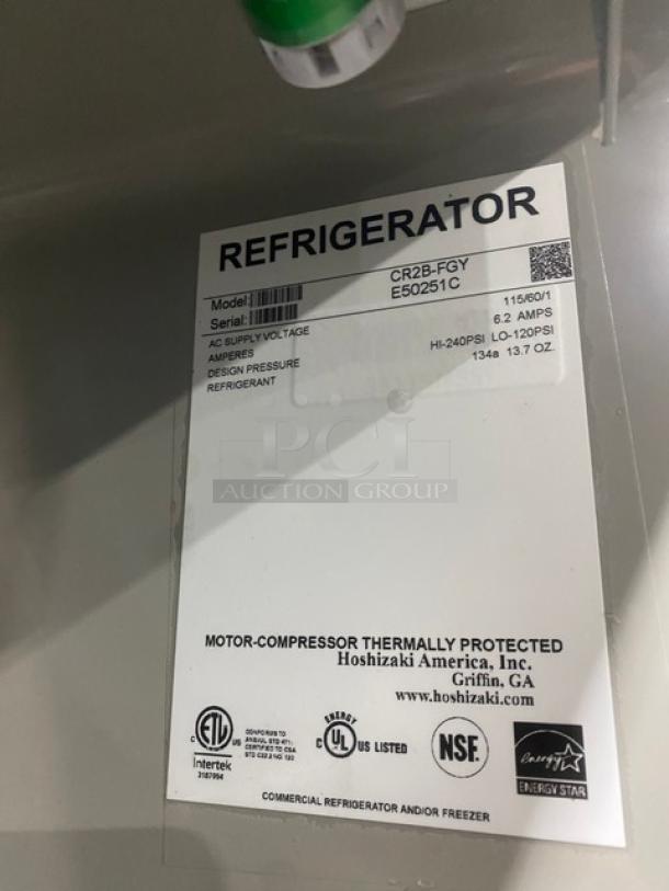 Hoshizaki Energy Star Commercial Stainless Steel Double Glass Door Reach In Refrigerator! With Built In Pan Holding Racks!  Model: CR2B-FGY SN: E50251C! 115V 1 Phase! On Casters! - Image 8 of 11