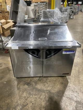Turbo-Air Commercial Stainless Steel 2 Door Refrigerated Mega Top Salad/Sandwich Prep Table! With Wire Racks! Model: TST-48SD-18 SN: M418605009! 115V! On Casters!