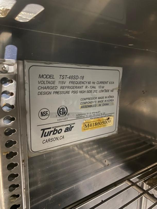Turbo-Air Commercial Stainless Steel 2 Door Refrigerated Mega Top Salad/Sandwich Prep Table! With Wire Racks! Model: TST-48SD-18 SN: M418605009! 115V! On Casters! - Image 7 of 9