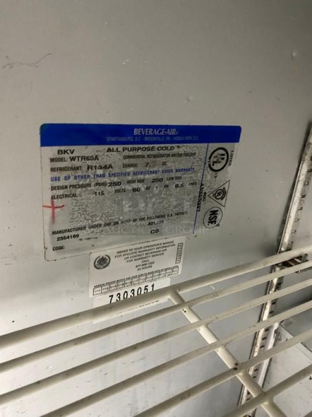 Beverage-Air Commercial Stainless Steel 2 Door Refrigerated Lowboy/Worktop Cooler! With Poly Coated Wire Racks! Model: WTR60A SN: 7303051! 115V 1 Phase! On Casters! - Image 7 of 8