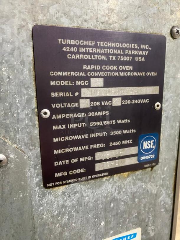 TurboChef Commercial Stainless Steel Electric Powered Rapid Cook Convection Oven! Model: NGC SN: NGCD613446! 208/230-240V! On Double Shelf Stand With Casters! - Image 8 of 9